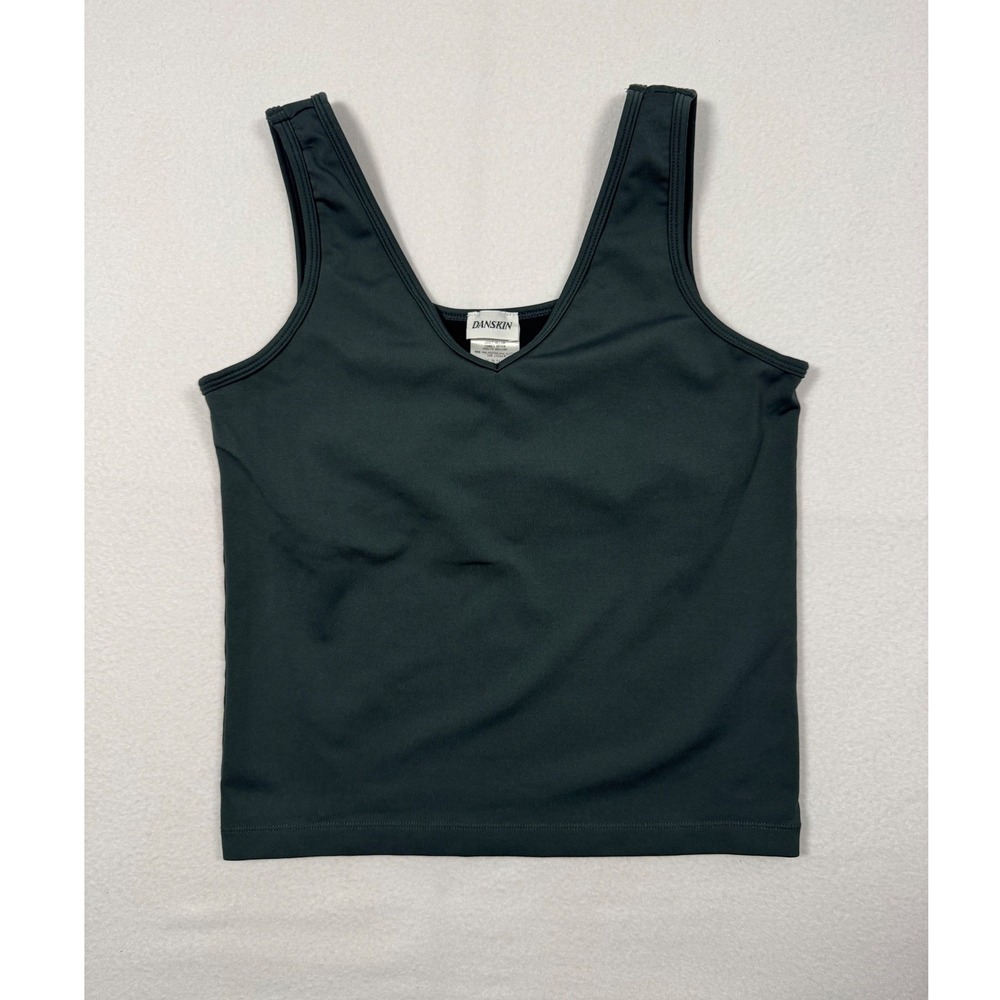 Athletic Danskin Womens Medium‎ Tank Top Green Built-in Shelf Bra Stretch V-Neck